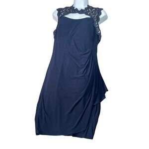 Xscape Navy‎ Blue Lace Overlay Ruched Sheath Dress Formal Evening Occasion Sz 10